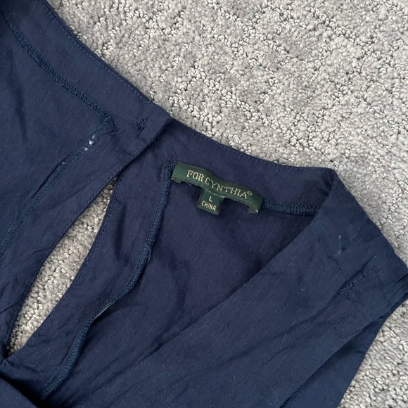 For Cynthia Navy Linen Blend MIDI Peasant Dress - Picture 3 of 5